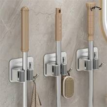 1pc Stainless Steel Mop And Broom Holder, Wall Mounted With Hooks, No Drilling Easy Installation, Polished Surface, Space Saving Home And Bathroom Organizer, Practical Hooks
