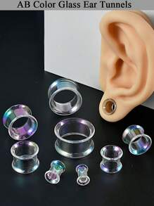 PAR de Tapones de Oreja con Doble Rebordes de Cristal Natural en Colores AB/Arcoíris/Transparente, Túnel y Dilatadores de Oreja, Joyería de Perforación Corporal