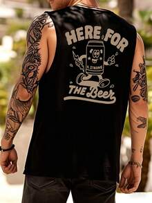 休闲街头风格 | 男士夏季无袖背心 | 卡通啤酒罐印花和“来喝啤酒”字样 - 黑色 - 查看 7