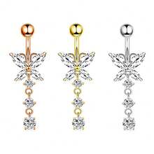 1入長蝴蝶形掛墜肚臍環,男女適用,歐美性感身體穿刺珠寶,銅嵌不銹鋼