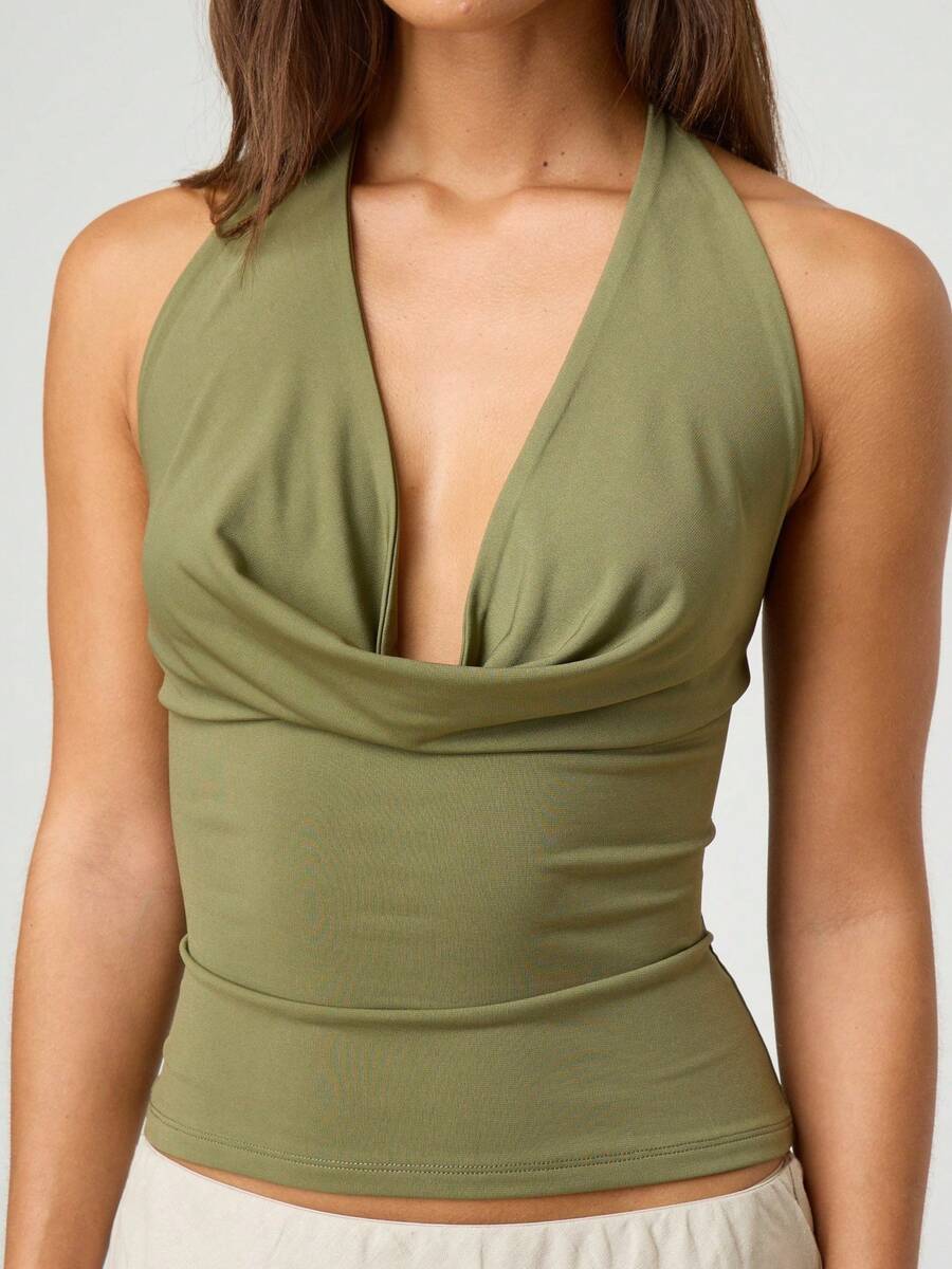 Women Y2k Floral Halter Tops Vinatge Back Tie Up Cowl Neck Slim Fit Crop Tank Tops Sexy Backless Sleeveless Cami Vest Summer Going Out Tops Shirts Party Club Streetwear - Green - View 1
