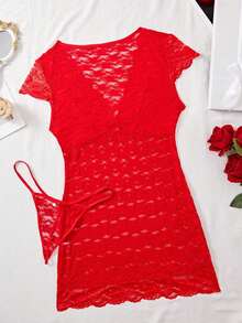 Plus Size Women Lace Floral Sexy Lingerie Jumpsuit Mesh Babydoll Sleepwear - Red - View 4