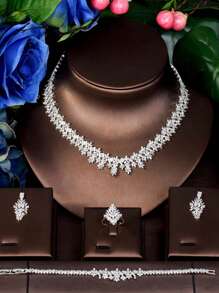 1 Set Elegant Cubic Zirconia Floral Design Jewelry Set, Suitable As Birthday Gift For Women