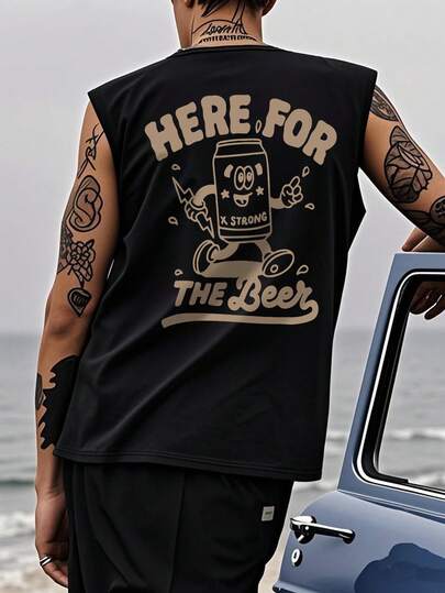 Casual Street Style | Men's Summer Sleeveless Tank Top | Cartoon Beer Can Print & "Here For The Beer" Text