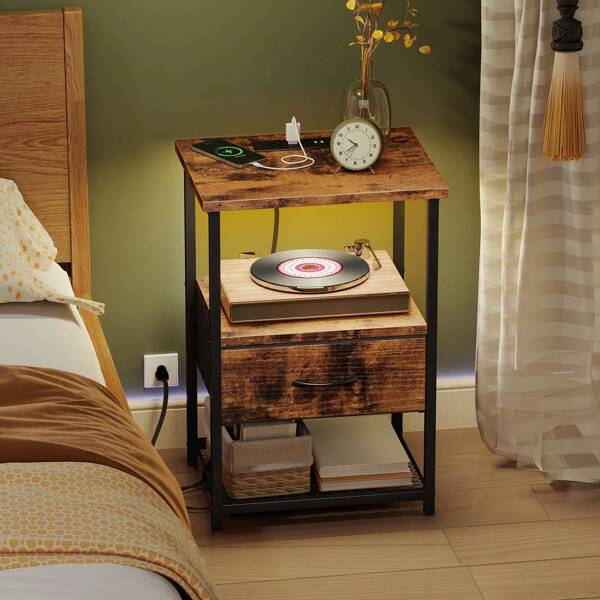 Superlele Night Stand With Charging Station, LED Nightstand With Fabric Drawers, End Table With PU Finish, Bedside Table, Bedroom Furniture
