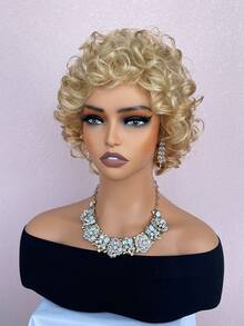 Women's Blonde Short Curly Wig Rose Inner Net Full Mechanism Synthetic Wig Summer Short Hair Suitable For Role Playing And Daily Wear - Gold - View 3