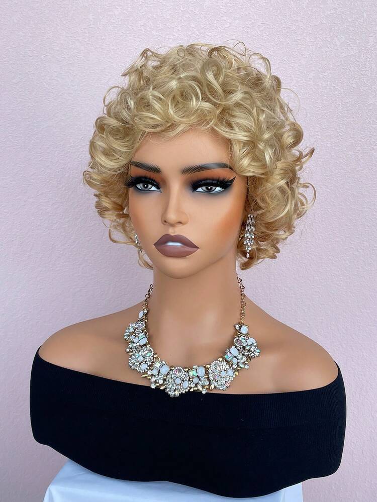 Peluca sintética de mujer con cabello corto y rizado de color rubio, con red interna de color rosa, adecuada para juegos de roles y uso diario - Dorado - Ver 2