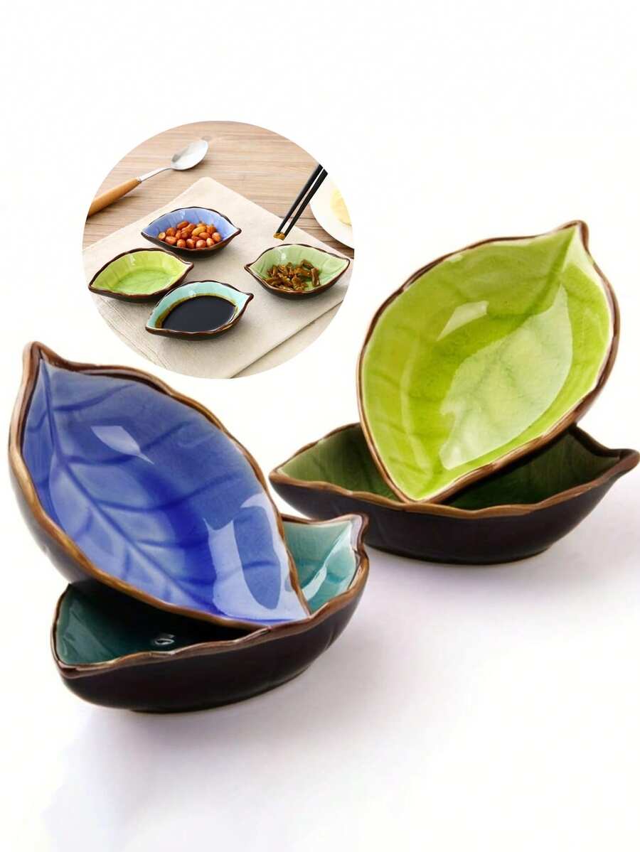 4pcs Ceramic Leaf Shaped Condiment Dishes, Crackle Leaf Pattern Multi-Purpose Tableware, Suitable For Home Kitchen And Dining Room - Multicolor - View 1