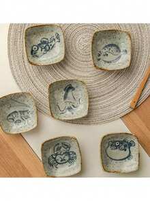 1 件/6 件陶瓷酱汁碟、蘸料盘、复古卡通方形调味盘、蘸料盘、酱油盘、寿司盘、厨房和餐厅用品