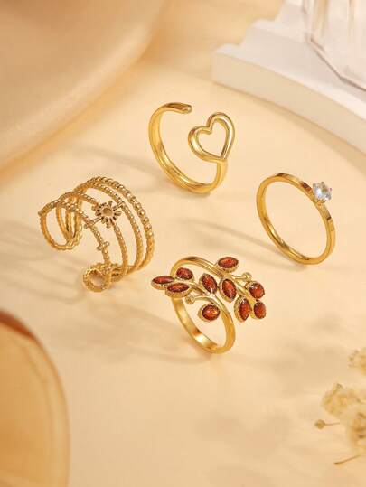 Set de 4 anillos de acero inoxidable con baño de oro, con hojas verdes y corazones de gemas, adecuados para uso diario o como regalo para ocasiones especiales