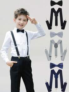 2pcs Minimalist Solid Color Universal Y-Shape Suspender & Bow Tie Set, Suitable For Daily Use And Holiday Gifts - 3-12Y - View 1