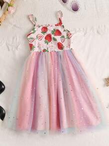 2pcs/Set Girls' Summer Spaghetti Strap Mesh Tulle Dress, Ditsy Floral, 4-7 Years Old