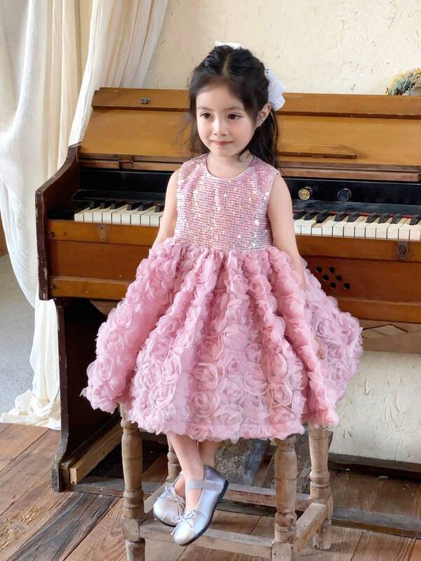 1pc Young Girls' Luxury Sweet 3D Rose Sleeveless Mid-Length Dress