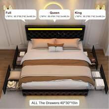 Gegoforu Marco de cama LED multifuncional con 4 cajones de almacenamiento y luces LED RGBW de control inteligente en la cabecera y el pie de cama, y terciopelo - terciopelo negro - Ver 4