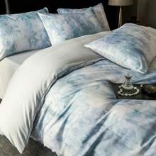 4 pièces Set de literie en coton lavé imprimé numériquement, motif jacquard, style luxueux (1 pièce housse de couette imprimée, 1 pièce drap plat de couleur unie, 2 taies d'oreiller imprimées), motif minimaliste, convient pour lit Queen/Twin/Full, doux, respirant, réversible, pour toutes les saisons, lavable en machine