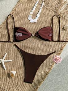 Bộ bikini 2 mảnh gợi cảm dành cho nữ, với phụ kiện bóng bẩy và chất liệu đặc biệt, thích hợp cho kỳ nghỉ hè, đi biển hoặc các hoạt động thường ngày. - cà phê đen - Xem 3