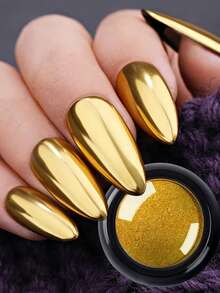 1 Set Gold Chrome Mirror Nail Powder, Metallic Gold Glitter Nail Art Pigment Powder, Includes 1 Eyeshadow Stick And Powder - Gold - View 4