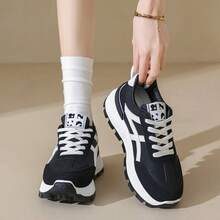 Thick Sole Waffle Platform Casual Sneakers For Women, Retro Leather Elevator Comfort Sporty Chunky Sneakers, Suitable For Spring/Summer - Black - View 4