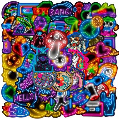 50张霓虹灯贴纸，防水乙烯基材质，适用于笔记本电脑、冰箱、行李箱、手机等，色彩鲜艳，适合青少年和成人使用。