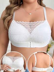 Plus Size Women's Lingerie Bra Front Button, Soft And Comfortable Lace Patchwork Underwear - White - View 1
