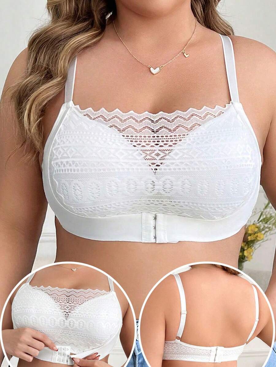 Plus Size Women's Lingerie Bra Front Button, Soft And Comfortable Lace Patchwork Underwear - White - View 1