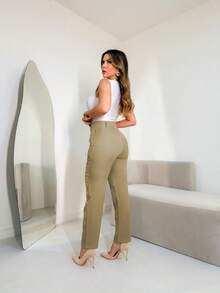 FASHION MO FEMININE - 3283 Tailored Pants, High Waist, With Side Pockets, Straight Leg, Elegant, Formal, Modern, Blogger, Vibrant Colors National Shipping New Collection - Brown - View 2