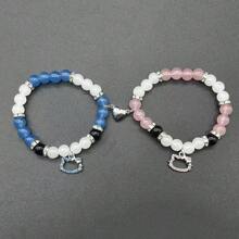 Sanrio 2pcs Set Hello Kitty Charm Beaded Bracelet With Heart Magnetic Clasp, Couple Bracelet, Cute Bracelet, Suitable For Daily Outfit, Gift For Boyfriend/Girlfriend