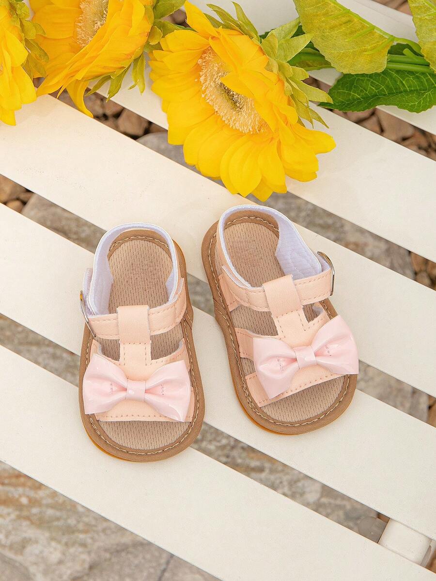 Spring/Summer Girls PU Leather Bow Design Soft Rubber Bottom Indoor Infant Learning Shoes/Slippers - Pink - View 1