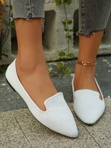 Plus Size 35-45 Women's Pointed Toe Flat Shoes, New Autumn Outdoor Daily Casual Loafers, Fashion Soft Bottom Work Driving Moccasins, White Flat Slip-On Comfortable Versatile Dress Shoes - White - View 5