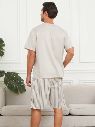 2 件套男士透气吸湿排汗短袖短裤睡衣套装，夏季