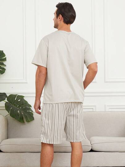 2 件套男士透气吸湿排汗短袖短裤睡衣套装，夏季