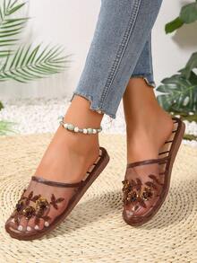 2024 New Fashion Handmade Pearl Decorated In/Outdoor Breathable Mesh Slippers - Brown - View 4