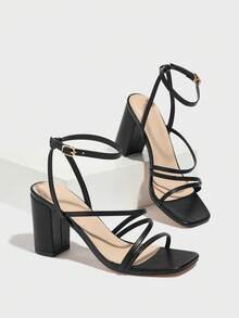Women's Roman Square-Toe Open Toe Chunky Heel Gladiator Sandals With Buckle Closure, Black - Black - View 5