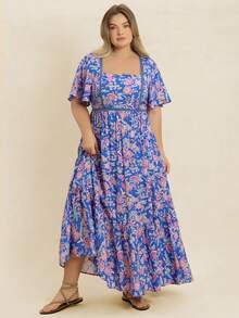 Váy nữ mùa hè họa tiết hoa xanh cổ vuông, phong cách Bohemian phù hợp cho trang phục đi biển Lễ Phục Sinh, lễ hội âm nhạc Hawaii, kỳ nghỉ nhiệt đới thanh lịch - Màu xanh lam - Xem 2