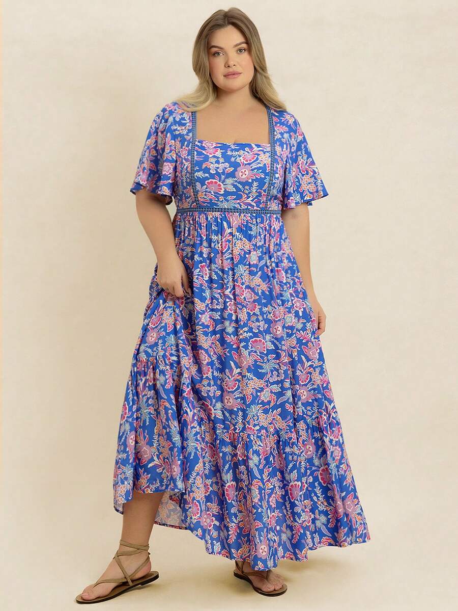 Váy nữ mùa hè họa tiết hoa xanh cổ vuông, phong cách Bohemian phù hợp cho trang phục đi biển Lễ Phục Sinh, lễ hội âm nhạc Hawaii, kỳ nghỉ nhiệt đới thanh lịch
