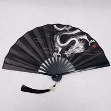 1pc Retro Style Black Fabric Double-Sided Folding Fan With Chinese Dragon Ink Painting Design Summer Cooling,Beach,Travel