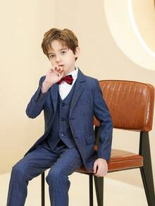 Boys Grid Suits 3-Pieces Suit Set Toddler Tuxedos Dresswear Ring Bearer Outfit Wedding Blazer Vest Pants Formal Suits For Kids Dark Blue Size 6-16Y - Dark Wash - View 3