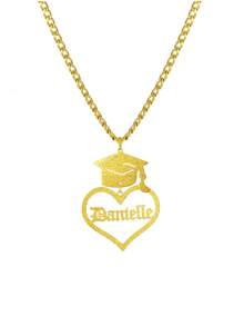 Collar de graduación con corazón y nombre personalizado con pedrería, mortarboard de bachillerato personalizado con nombre 2025, collar con colgante de cadena cubana con letra de estetoscopio de acero inoxidable mate, recuerdos de graduación para compañeros de clase y maestros, regalos de cumpleaños para ella, Día de la Madre, regalos de temporada de graduación y vuelta al colegio - Dorado - Ver 6