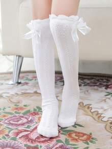 1 Pair Girls' Bowknot Hollow Breathable Knee-High Socks, Suitable For Daily Wear - White - View 8