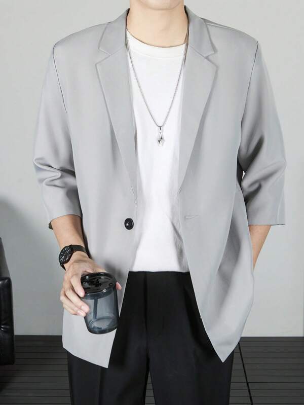 Men's 7/8 Sleeve Casual Suit Jacket, Korean Stylish Relaxed Fit Blazer