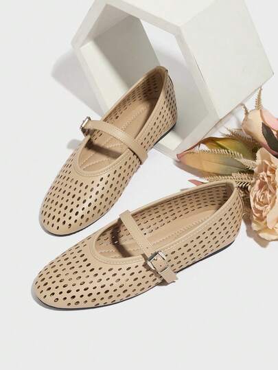 女士芭蕾舞鞋，透气镂空圆头玛丽珍鞋，米色