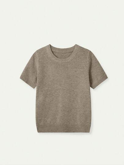 FOR BEAUTY New Spring/Summer Women's Knit Short Sleeve Top, Casual Minimalist Style Apricot Solid Color Crew Neck Pullover, Suitable For Daily Wear And Commuting