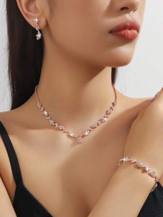 4 件套优雅高端项链、耳环、手链新娘首饰套装，适合女性婚礼、生日、周年纪念、晚礼服配饰、圣诞礼物