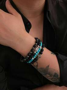 4pcs/Set Volcanic Stone & Turquoise Beads Men Elastic Bracelet Set, Festival Gift For Men - 4-piece Set - View 3