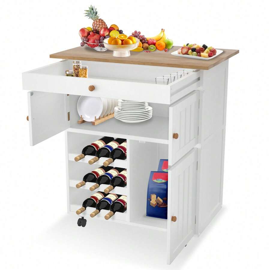 Desserte Cuisine Mobile Seyakany - Îlot Central Avec Roulettes, Poubelle, Tiroirs Et Plan Rabattable - Blanc - 112x44,6-74,6x94,2 Cm - 8