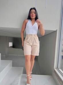 Basic Bermuda Shorts With Button And Zipper Pocket In Linen Fabric. - 杏色 - 查看 1