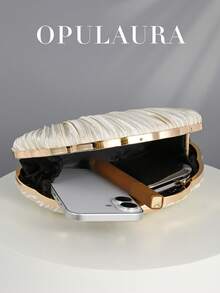 OpulAura Women's Elegant/Luxury Box Pleated Satin Party Clutch, Romantic Wedding Handbag, Charming/Delicate Evening Dress Bag, Minimalist Apricot Box-Shaped Purse With Detachable Chain, Suitable As Holiday Gift, Clutch Bag For Wedding - Apricot - View 6