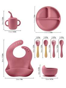 Juego de 8 piezas de vajilla de bebé de silicona con diseño personalizado, incluye plato con ventosa, tazón, taza, babero, cucharas y tenedores blandos, multiusos, ornamentales, con letras, de colores lisos, exquisitos, coloridos, adorables, casuales, personalizados, regalos ideales para bebés, hijo o hija