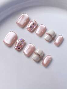 10 件装手工方形短指甲套装，粉色亮面，带闪光和猫眼装饰，含粘合片，按压式指甲