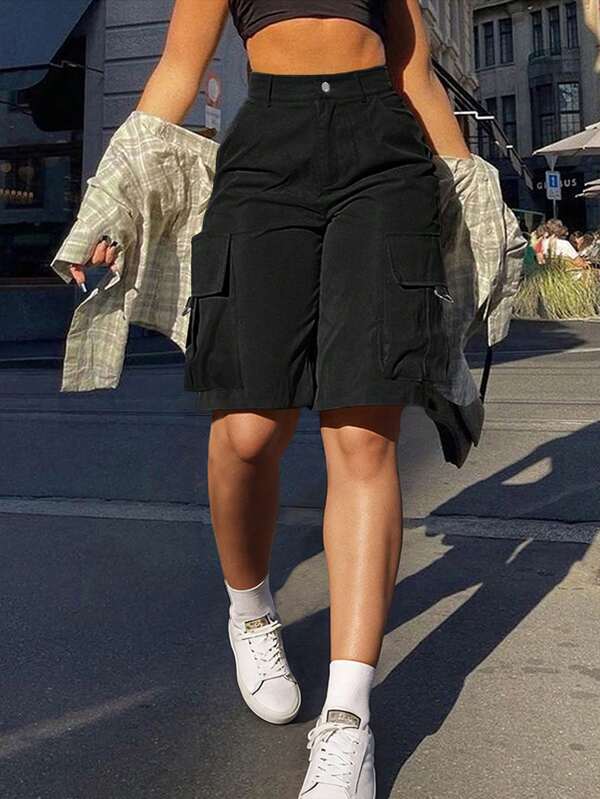 Women's Solid Color Casual Versatile Multi-Pocket Cargo Bermuda Shorts